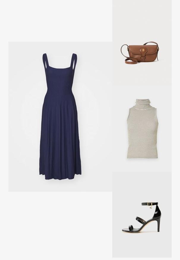 Navy blue maxi-mekko, jossa on poimutettu yläosa ja laskostettu helmasta. Ominaisuuksina leveät hihnat ja istuva vyötärö, valmistettu pehmeästä ja joustavasta kankaasta.; Hihaton poolopaita, jossa on pystysuorat mustat ja valkoiset raidat, valmistettu teksturoidusta neulekankaasta, ja siinä on korkea, tiukka kaulus.; Musta patentoitu nahkasandaali, jossa on kolme hihnaa, nilkkasolki ja 4 tuuman stiletto-korko. Varustettu kultaisilla yksityiskohdilla ja logokoristeella.; Ruskea nahkainen olkalaukku, jossa on kaareva kansi, kultaiset yksityiskohdat ja koristeellinen logo. Hihna on säädettävä ja siinä on sileä pinta.