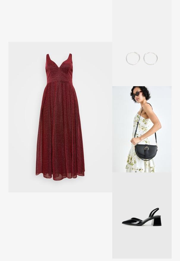 My Mascara Curves Společenské šaty - berry; Černé lakované kožené lodičky na pásku s špičatou špičkou a geometrickým blokovým podpatkem. Vyznačují se elegantním, minimalistickým designem a hladkým povrchem.; Černá kožená kabelka s křivkovým tvarem, odnímatelným popruhem a zlatými detaily. Kabelka má klopu s přezkou.; Stříbrné kruhové náušnice s elegantním, kulatým designem, s hladkým povrchem a bez viditelných ozdob. Průměr není specifikován.