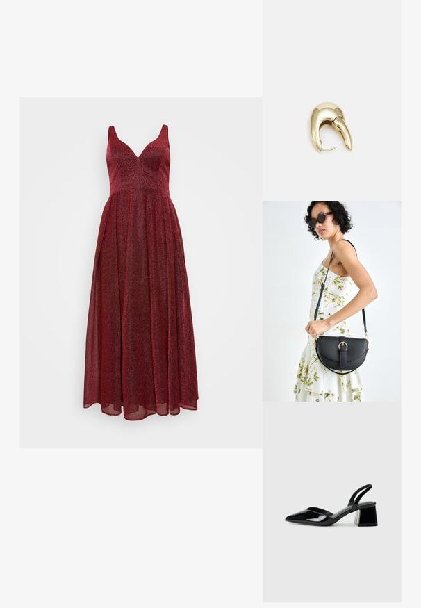 My Mascara Curves Oblačila za posebne priložnosti - berry; Črne lakirane slingback pete s koničastim nosom in geometrijsko blokasto peto. Imajo eleganten, minimalističen dizajn in gladko teksturo.; Črna usnjena torbica s ukrivljeno obliko, z odstranljivo naramnico in zlatimi dodatki. Torbica ima pokrov s podrobnostmi v obliki zaponke.; Uhane nakit iz zlatastega tona z gladko, ukrivljeno zasnovo. Ima edinstveno koničasto obliko, polirano površino in zaponko s tečajem.