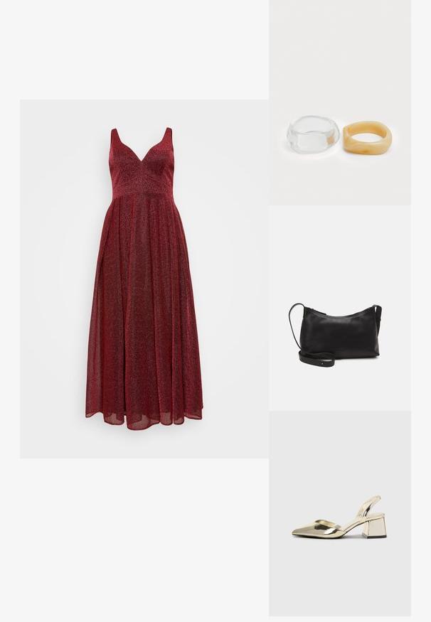 My Mascara Curves Occasion wear - berry; Gold, metallic slingback heels with a pointed toe and chunky heel. Smooth texture, minimalistic design, and a narrow strap.; Black leather shoulder bag with a smooth texture, curved shape, adjustable strap, and a zip closure. Minimalist design without embellishments.; Clear and amber resin rings, one smooth and transparent, the other with a textured, amber finish. Both feature rounded, chunky designs.