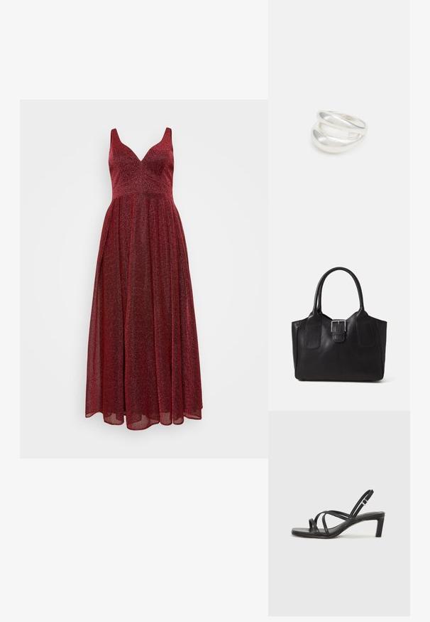 My Mascara Curves Proginė apranga - berry; Juodi šlepetės su kvadratiniu pirštu ir žemu bloku kulnu. Yra keli ploni dirželiai ir reguliuojamas kulkšnies diržas. Pagaminti iš lygios odos.; Juodas odinis nešiojamas krepšys su lygiu paviršiumi, struktūrine forma, dviem rankenėlėmis ir ryškiu sidabriniu sagties akcentu priekyje.; Sidabrinis dvigubas žiedas su lygiu, poliruotu paviršiumi. Pasižymi sklandžiu, kreiptu dizainu su persipinančiomis dalimis, suteikiančiomis modernų išvaizdą.