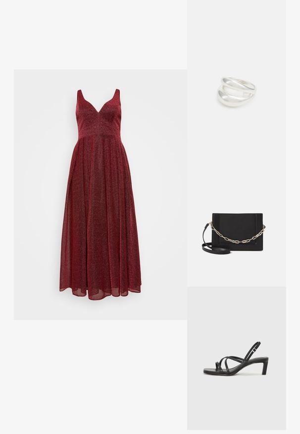 My Mascara Curves Festklänning - berry; Svart sandaler med remmar och fyrkantig tå samt låg blockklack. Har flera tunna remmar och en justerbar ankelrem. Tillverkad av mjukt läder.; Svart läder crossbody-väska med en slät yta, rektangulär form och metallickedjedetalj på framsidan. Justerbar rem ingår.; Silver ring med dubbel band och en slät, polerad yta. Har en flödande, böjd design med överlappande sektioner för en modern stil.