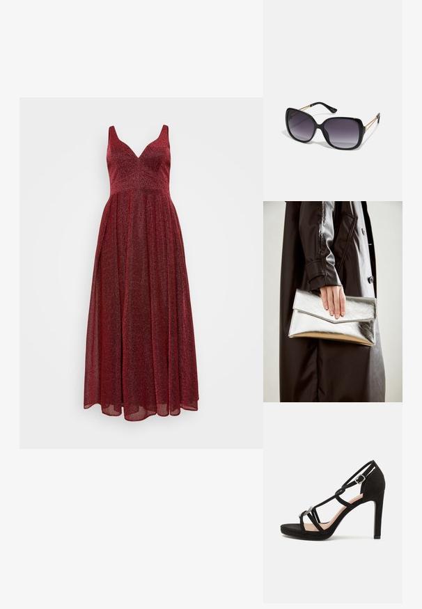My Mascara Curves - Suknia balowa; Czarne zamszowe sandały na wysokim obcasie z krzyżującymi się paskami, ozdobnym akcentem w kolorze srebrnym i platformą dla dodatkowej wysokości.; Czarne oversize okulary przeciwsłoneczne z gradientowymi soczewkami, grubymi oprawkami i złotym łańcuszkiem na ramionach.; Srebrna metaliczna kopertówka o kształcie kątowym, gładka w dotyku, z kontrastowym kolorem wewnątrz, trzymana w ręce noszącej czarny płaszcz.