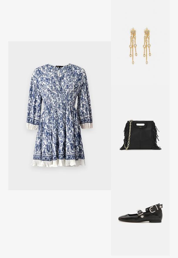 Robe imprimée bleu et blanc avec taille froncée, manches trois-quarts et ourlet à volants ; tissu léger.; Ballerine en cuir verni noir avec un bout carré, sangle de cheville avec des détails en métal argenté et semelle plate. Texture lisse avec un design minimaliste.; Sac à main en cuir noir avec des détails en franges, chaîne dorée pour l'épaule et une poignée découpée. Présente le logo sur le devant.; Boucles d'oreilles en ton or avec plusieurs chaînes en cascade, présentant des accents en strass ovales transparents et des dessus à clous décoratifs.