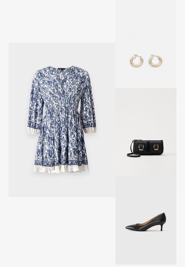 Blauwe en witte bloemenprint jurk met een geplooid taille, driekwart mouwen en een gerimpelde zoom; lichtgewicht stof.; Zwarte leren pump met een puntige teen, lage hak en een gladde textuur. Heeft een lichte opening aan de voorkant en minimale hardware aan de achterkant.; Zwarte leren schoudertas met twee vo pockets, gouden gespen, ritsluiting en een smalle band. Tekstuur oppervlak en compacte rechthoekige vorm.; Lauren Ralph Lauren BASIC SMALL HOOP - Oorbellen - gold-coloured
