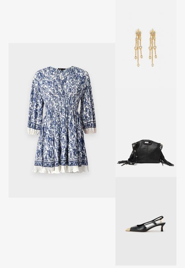 Blå- och vitblommig klänning med insvängd midja, trekvartsärmar och volangdesign i fållen; lättviktsmaterial.; Svart läderslingback-sko med spetsig tå och gyllene metallhätta. Har utskärningsdesign och en smal klack med justerbart rem.; Maje MISS MINI - Axelremsväska - noir; Guldtonade örhängen med flera fallande kedjor, prydda med klara ovala rhinestone-accenter och dekorativa stuvar.