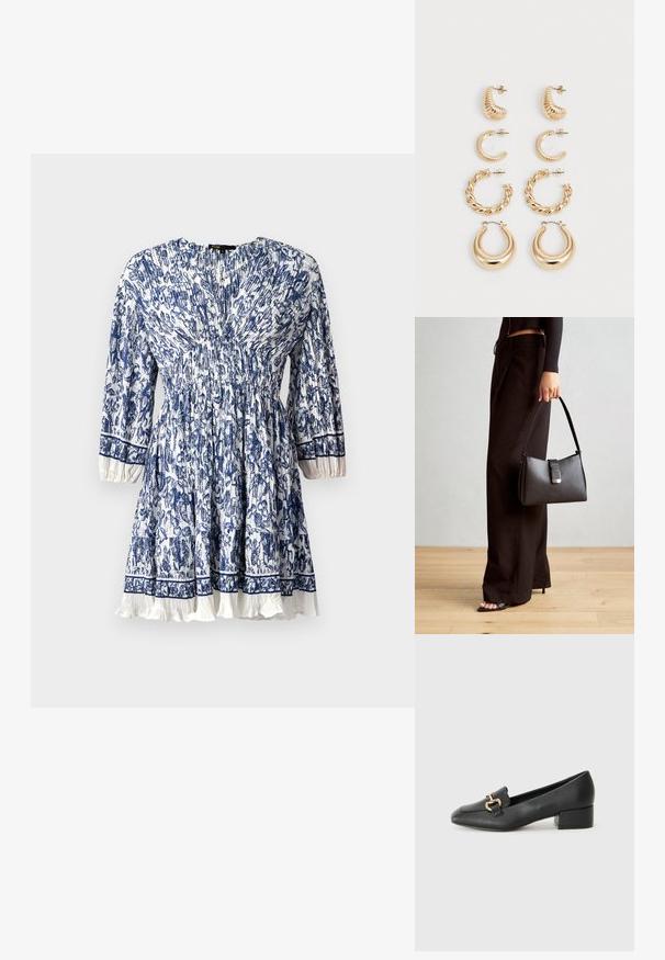Niebieska i biała sukienka w kwiaty z marszczoną talią, rękawami o długości trzech kwart oraz falbaniastym dołem; wykonana z lekkiego materiału.; Czarne skórzane loafersy z płaskim obcasem, z ozdobnym złotym detalem z przodu i gładką fakturą.; Czarna torebka o usztywnionym kształcie, gładkiej fakturze i metalowym zapięciem. Połączona z szerokimi czarnymi spodniami i sandałami na otwartym palcu na drewnianej podłodze.; Zestaw pięciu złotych kolczyków, z różnorodnymi wzorami: skręcone, żłobkowane i gładkie powierzchnie w kształcie obręczy i półksiężyców.