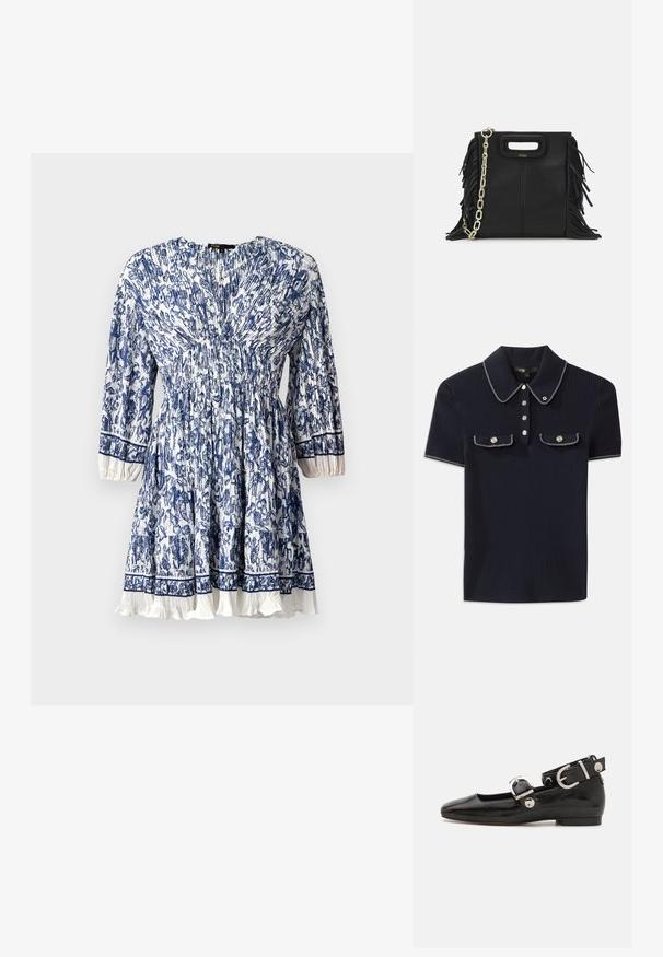 Blå og hvit blomstret kjole med sammensydd midje, trekvartlange ermer og volangkant; lett stoff.; Marineblå ribbestrikket polo skjorte med spiss krage, korte ermer og to frontlommer med trykknapper; fremhevet med hvite søm detaljer.; Sorte lakkderflat sko med firkantet tå, ankelstropp med sølvfarge detaljer, og flat såle. Glatt tekstur med minimalistisk design.; Svart læderhåndtaske med frynsedetaljer, guldkæde skulderrem og udskåret håndtag. Har logo placeret på forsiden.