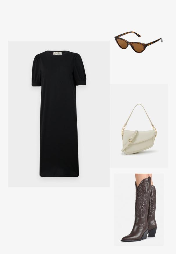 Fekete, rövid ujjú ruha kerek nyakkal, puffadt ujjakkal és egyenes sziluettel, puha, sima anyagból készül.; Barna bőr cowboy csizmák hegyes orral és blokk sarkal, részletes varrással és kiemelkedő díszítésekkel a szárán.; Cica szemüveg fekete és narancssárga teknőc pánttal, barna lencsékkel és sima, hegyes végekkel. A templomán egy minimalista logó található.; Kis krémszínű táska texturált felülettel, hosszú, állítható pánttal, láncos díszítéssel és fedéllel záródik. Aranyszínű fém részletek.