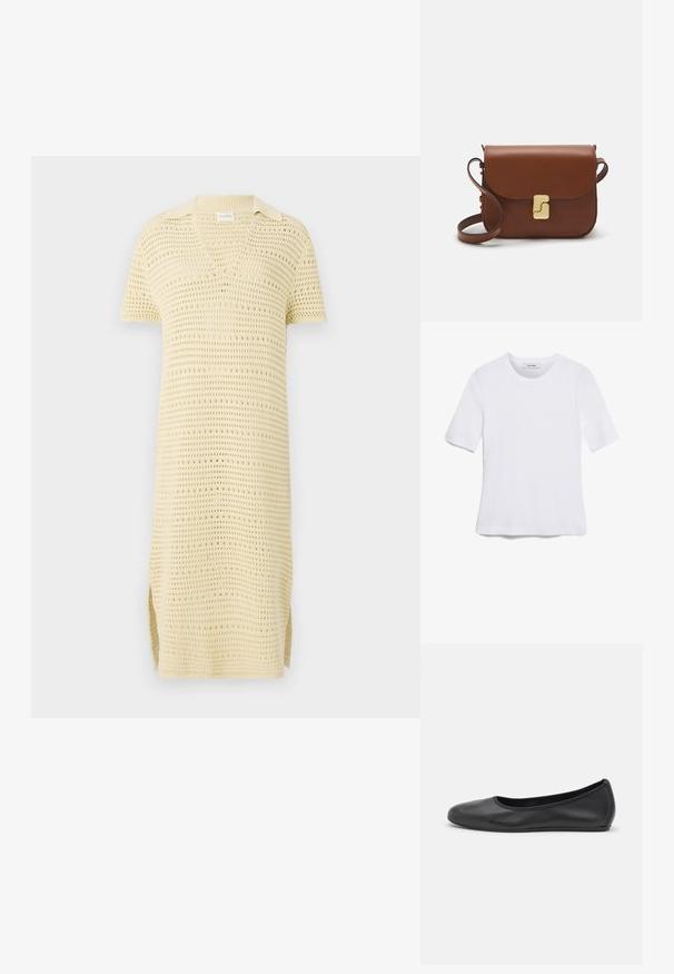 Πλεκτό φόρεμα κοντού μανικιού σε απαλό κίτρινο χρώμα με V λαιμόκοψη και κολάρο; διαθέτει υφή με ανοιχτό πλέγμα και πλαϊνές σχισμές.; Άσπρο κοντομάνικο μπλουζάκι φτιαγμένο από ριγέ ύφασμα. Στρογγυλή λαιμόκοψη, κανονική εφαρμογή και διακριτές λεπτομέρειες ραφής. Χωρίς σχέδια ή γραφικά.; Μαύρο δερμάτινο μπαλαρίνι με στρογγυλή μύτη, λεία υφή, ελάχιστες λεπτομέρειες ραφής και σχεδίαση ευέλικτης σόλας.; Καφέ δερμάτινη τσάντα χειρός με κλείσιμο καπάκι, χρυσές λεπτομέρειες, ιμάντα ώμου και λεία υφή. Συμπαγές ορθογώνιο σχήμα.