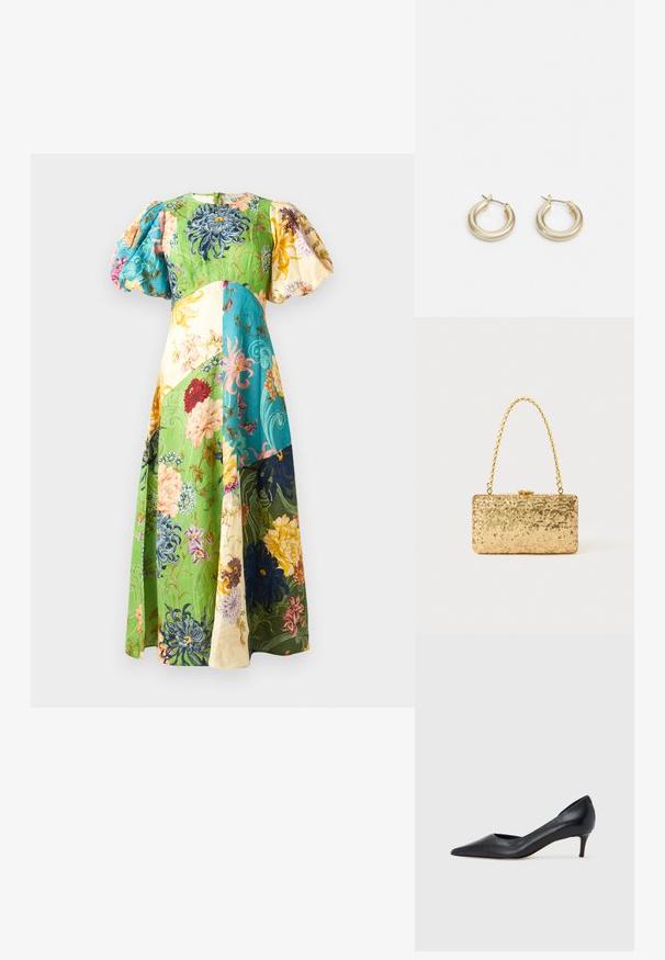 Lillelille lillekleit puffseemnetega; sisaldab rohelisi, siniseid, kollaseid ja kreemikaid paneele. Tekstureeritud kangas erinevate lillemustriga.; Mustast nahast kontsakinga terava ninaga ja madala kontsaga. Omadused on sile pind ja peen läige. Esiosal on avatud lõige, mis lisab detaili.; Kullatud kaunistustega kott ristküliku kujuga, millel on keeratud ahelast käepide ja metallist lukuga sulgur, peegeldades valgust tekstuurse viimistlusega.; Lauren Ralph Lauren BASIC SMALL HOOP - Kõrvarõngad - gold-coloured