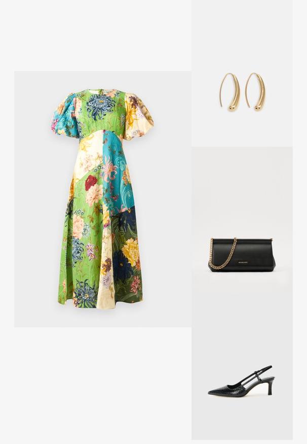 Lillelille lillekleit puffseemnetega; sisaldab rohelisi, siniseid, kollaseid ja kreemikaid paneele. Tekstureeritud kangas erinevate lillemustriga.; Mustmust paelad, millel on terav varvas, tekstuuriga maduprindiga, reguleeritav rihm ja lühike tekstuuriga plokknina.; Mustast nahast klamberkott kuldse kettrihmaga, millel on sile tekstuur, ristkülikuline kuju ja esiküljel reljeefne brändingu märk.; Kuldtoonilised metallist rõngas kõrvarõngad, millel on kõver ja piklik kuju. Omavad siledat, läikivat pinda ja ümarat tipptugevdust, mis lisab detaili.