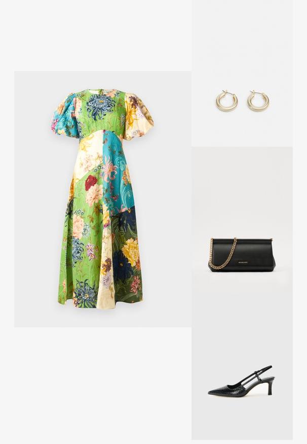 Kvetinové maxi šaty s nafúknutými rukávmi; obsahujú zelené, modré, žlté a smotanové panely. Textúrovaná látka s rôznymi kvetinovými vzormi.; Čierne patentové slingback topánky na ihlovom podpätku s špicatou špičkou, s textúrovaným hadím vzorom, nastaviteľným popruhom a krátkym, textúrovaným blokovým podpätkom.; Čierna kožená kabelka s retiazkou zo zlata, so hladkou textúrou, obdĺžnikovým tvarom a embosovaným logom na prednej strane.; Lauren Ralph Lauren BASIC SMALL HOOP - Náušnice - gold-coloured