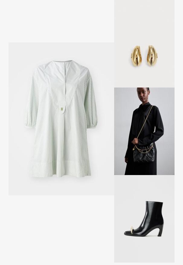 Tunique rayée vert clair avec un col rond, des manches courtes ballons et un détail de boutons au dos. Fabriquée en tissu doux et léger.; Bottine noire en cuir brillant, avec un bout pointu et un accent décoratif en or et argent à l'avant. Design à talon carré.; Sac à main en cuir matelassé noir avec un dessus froncé, une bandoulière en chaîne dorée et une forme rectangulaire, tenu contre un fond uni.; Boucles d'oreilles en ton or avec un design fluide et courbé. Chaque boucle d'oreille présente une surface lisse et un petit fermoir avec un détail décoratif.