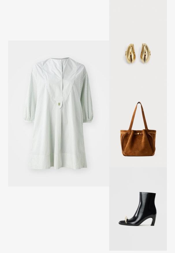 Tunica a righe verde chiaro con scollatura rotonda, maniche a sbuffo corte e dettaglio dei bottoni sul retro. Realizzata in un tessuto morbido e leggero.; Stivale nero alla caviglia in pelle lucida, con punta affusolata e un accento decorativo in oro e argento nella parte anteriore. Design con tacco a blocco.; Borsa a tracolla in suede marrone con doppio manico, chiusura a bottone e una forma rilassata, leggermente morbida.; Orecchini in tonalità oro con un design fluido e curvato. Ogni orecchino presenta una superficie liscia e un piccolo gancio con un dettaglio decorativo.
