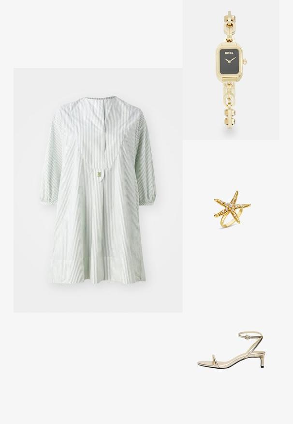 Svetlozelená pruhovaná tunika s okrúhlym výstrihom, krátkymi puff rukávmi a detailom gombíka na zadnej strane. Vyrobená z mäkkej, ľahkej tkaniny.; Metalické zlaté sandále s úzkym remienkom okolo členka, otvorenou špičkou a nízkym blokovým podpätkom. Majú minimalistický dizajn a hladkú textúru.; Obdĺžnikové hodinky v zlatom tóne s čiernym ciferníkom, s prepojeným dizajnom náramku a značkou "BOSS". Majú minimalistické ručičky a korunku.; Zlatý prsteň v tvare hviezdice, ktorý obsahuje biele perly a textúrované detaily na tele, umiestnený na hladkom prsteni.