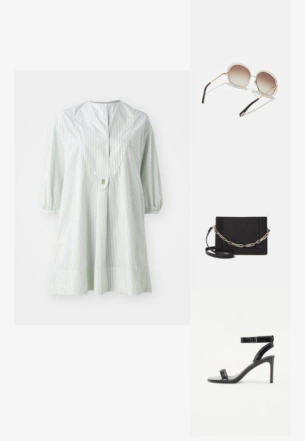 Világoszöld csíkos tunika kerek nyakkivágással, rövid puffujjakkal és gombos részletekkel a hátsó részen. Puha, könnyű anyagból készült.; Fekete, fényes felületű magassarkú szandál, két vékony pánttal és egy bokapánttal, vékony stiletto sarokra állítva.; CHLOÉ CARLINA OVERSIZED ROUND METAL SUNGLASSES - Napszemüvegek - gold-coloured/brown; Fekete bőr keresztpántos táska, sima textúrával, téglalap alakú és fém lánc részlettel az elején. Állítható pánttal ellátva.