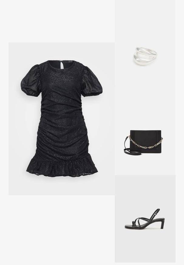 Čierne krátke šaty s vypchávkovanými rukávmi, nariasenou textúrou a volánovým lemom. Majú lesklý materiál s jemným vzorom a otvorom na chrbte.; Čierne sandále na vysokom podpätku so štvorcovou špičkou a nízkym blokovým podpätkom. Obsahujú viacero tenkých popruhov a nastaviteľný členkový popruh. Vyrobené z hladkej kože.; Čierna kožená crossbody taška s hladkou textúrou, obdĺžnikovým tvarom a kovovým reťazovým detailom na prednej strane. Súčasťou je nastaviteľný popruh.; Strieborný prsteň s dvojitým pásikom s hladkým, lesklým povrchom. Má plynulý, zakrivený dizajn s prekryvajúcimi sa časťami pre moderný vzhľad.
