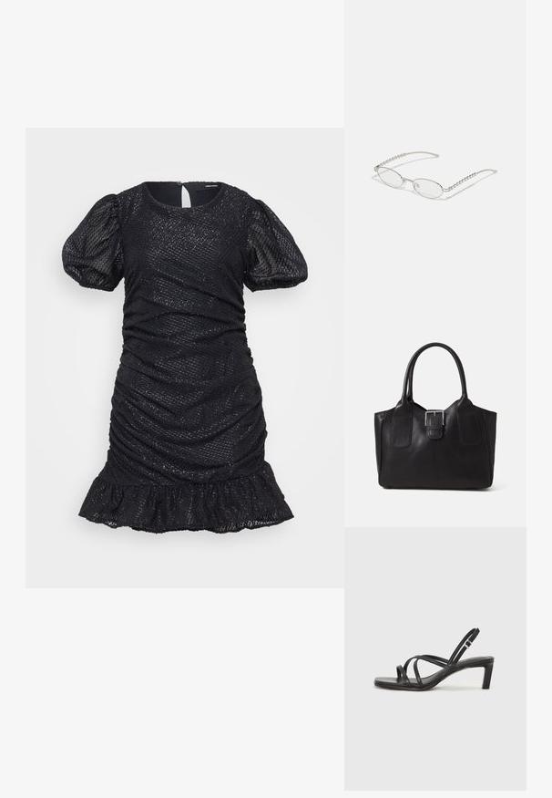 Černé krátké šaty s vycpanými rukávy, zřasenou texturou a volánkovým lemem. Jsou vyrobeny z lesklého materiálu s jemným vzorem a mají klíčovou díru na zadní straně.; Černé sandály na tenkém podpatku se čtveratou špičkou a nízkým blokovým podpatkem. Mají několik tenkých popruhů a nastavitelné zapínání okolo kotníku. Vyrobeny z hladké kůže.; Oválné brýle s metalickým stříbrným rámem, čirými skly a texturovanými korálkovými akcenty na spáncích. Lehce provedení s zakřivenými nohama.; Černá kožená tote taška s hladkým povrchem, strukturovaným tvarem, dvěma uchy a výrazným stříbrným detailem s přezkou na přední straně.