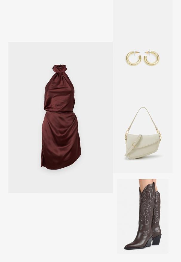Vestido halter em satin bordeaux, com decote franzido, corpete justo e saia drapeada, apresentando uma fenda lateral. Textura suave.; Botas de cowboy em couro castanho com bico pontudo e salto quadrado, apresentando costuras detalhadas e realces elevados no cano.; Pequena bolsa de creme com um acabamento texturizado, uma alça longa ajustável, um detalhe em corrente e um fecho de aba. Detalhes em hardware dourado.; Brincos em argola dourados com um acabamento liso e brilhante. Design circular com um pequeno pino e suporte transparente para um uso seguro.