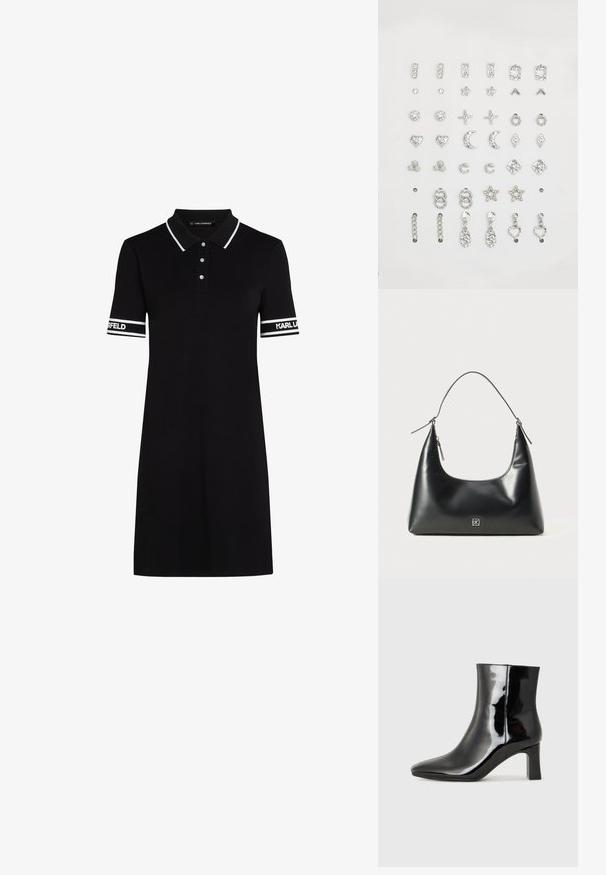 Černé polo šaty s límečkem, krátkými rukávy s bílými pruhy a logem, vyrobené z hladkého materiálu s klasickým střihem.; Černé lakované kotníkové boty s špičatou špičkou a středně vysokým blokovým podpatkem. Hladká textura a minimalistický design.; Černá hladká kožená kabelka přes rameno s zaobleným vrchem, jediným popruhem, zipovým uzávěrem a malým stříbrným logem uprostřed přední strany.; Souprava stříbrných náušnic s různými designy: pecky, kruhy a visací styly s třpytivými ozdobami v geometrických a tematických tvarech.