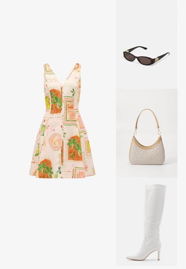 Ein ärmelloses Kleid mit tiefem V-Ausschnitt, aus einem leichten Stoff, der mit bunten botanischen Drucken in Orange und Grün verziert ist.; RAID TRIBUTE - High Heel Stiefel - white; Schildpatt-Sonnenbrille mit länglich-ovalen Gläsern, braunem Farbton, goldenen Logo-Akzenten an den Bügeln und schlanken schwarzen Bügeln.; Beige gemusterte Handtasche mit geschwungener Form, Lederakzenten und einem goldfarbenen Logo auf der Vorderseite. Verfügt über einen kurzen Griff für einfaches Tragen.