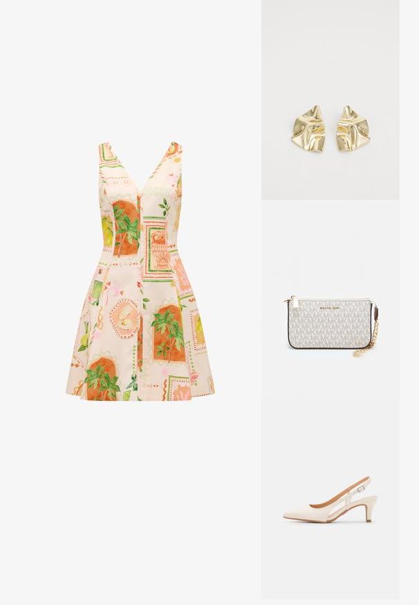 Õlavaremedeta kleit sügava V-dekolteega, millel on kerge kangas, mis on kaunistatud värvikate botaaniliste trükkidega oranži ja rohelise värviga.; Valge slingback konts, terava ninaga, siledast ülemisest materjalist, madala ploki kontsaga ja külgse nähtavusega ning reguleeritava pandla rihmaga.; Michael Korsi randmevõru beige kaetud kangast, millel on korduv MK logo muster, kuldne riistvara ja eemaldatav ahelistrap.; Kuldsetest metallist kõrvarõngad lainelise disainiga; sile, peegeldav pind; asümmeetriline kuju; nähtavad mustrid või kinnitused puuduvad.