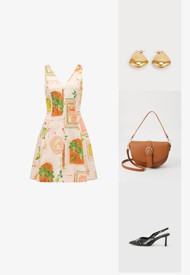 Jumppa, joka on ilman hihoja ja jossa on syvä V-pääntie. Se on valmistettu kevyestä kankaasta, joka on koristeltu värikkäillä botanillisilla kuvioilla oranssissa ja vihreässä.; Musta patenttinen nahkainen slingback-kengät, joissa on terävä nenä, nilkkahihnat hopeisilla soljilla ja varusteilla sekä hoikka korko.; Ruskean nahkainen olkalaukku, jossa on kaareva muoto, kultaiset yksityiskohdat ja solkiyksityiskohta. Varustettu irrotettavalla olkahihnalla.; Kultaiset metallikorvakorut, joissa on sileä, pyöreä kolmion muoto ja postitaustasuunnittelu; heijastava pinta, jossa on minimaalinen yksityiskohtien määrä.