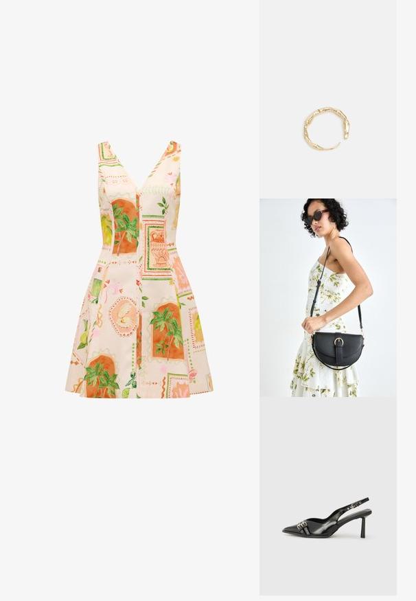 Ein ärmelloses Kleid mit tiefem V-Ausschnitt, aus einem leichten Stoff, der mit bunten botanischen Drucken in Orange und Grün verziert ist.; Schwarzer Lackleder Slingback-Schuh mit spitzem Zehenbereich, Knöchelriemen mit silbernen Schnallen und Beschlägen sowie einem schlanken Absatz.; Schwarze Lederhandtasche mit geschwungener Form, abnehmbarem Tragegurt und goldenen Beschlägen. Die Tasche verfügt über einen Deckel mit einer Schnallen-Details.; Goldfarbener Ring mit einem organischen, gedrehten Design, glatter Oberfläche und sich verjüngenden Enden, was ein modernes, skulpturales Erscheinungsbild erzeugt.