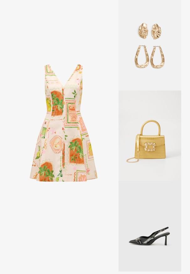 Bez rukava haljina s dubokim V-izrezom, izrađena od lagane tkanine ukrašene šarenim botaničkim uzorcima u narančastoj i zelenoj boji.; Crna lakirana slingback cipela s izduženim vrhom, remenčićima oko gležnja s srebrnim kopčama i dijelovima, te vitkim potplatom.; Žuta torbica od umjetnog krokodila sa strukturiranim dizajnom, gornjom ručkom, odvojivim lančićem i dekorativnim kristalnim ukrasom na kopči.; Naušnice zlatne boje s teksturiranim, valovitim oblicima. Uključuju skulpturalne kopče i dizajn otvorene kružnice s kovanom završnom obradom.