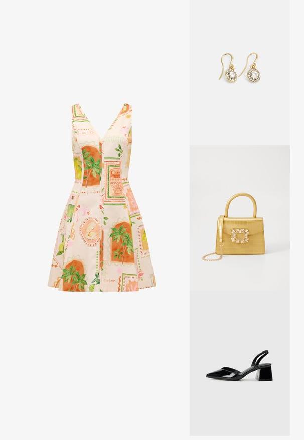 Õlavaremedeta kleit sügava V-dekolteega, millel on kerge kangas, mis on kaunistatud värvikate botaaniliste trükkidega oranži ja rohelise värviga.; Mustad musta lakknahk kingad, millel on terav varvas ja geomeetriline plokkkonts. Omab elegantselt minimalistlikku disaini ja sujuvat tekstuuri.; Kollane faux-krokodilli käsipindaga kott, millel on struktureeritud disain, ülemine käepide, eemaldatav kettmass ja dekoratiivne kristallkaunistus klambril.; Kuldtooni kõrvarõngad ovalikujuliste selgete kristallidega, mille ümber on väiksemad selged kivid, ja kaarvormiga disain, et tagada kindel kandmine.