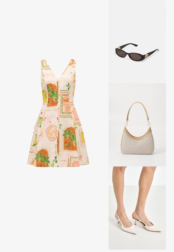 Ein ärmelloses Kleid mit tiefem V-Ausschnitt, aus einem leichten Stoff, der mit bunten botanischen Drucken in Orange und Grün verziert ist.; Beige Lackleder Slingback-Absätze mit spitzem Fuß und 5 cm Absatz, mit ausgeschnittenen Seiten und einem schmalen Knöchelriemen.; Schildpatt-Sonnenbrille mit länglich-ovalen Gläsern, braunem Farbton, goldenen Logo-Akzenten an den Bügeln und schlanken schwarzen Bügeln.; Beige gemusterte Handtasche mit geschwungener Form, Lederakzenten und einem goldfarbenen Logo auf der Vorderseite. Verfügt über einen kurzen Griff für einfaches Tragen.; Perlen- und Kristallhalskette mit einem runden, perlenbesetzten Design in sanften Farbtönen, das abwechselnd Perlen und funkelnde Akzente zeigt, um den Hals getragen.