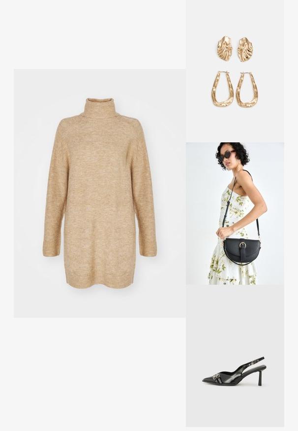 Pullover bege de gola alta, ajuste oversized, textura canelada na gola e punhos, tecido tricotado e design de ombros caídos.; Sapato slingback preto em pele patentada com bico apontado, tiras no tornozelo apresentando fivelas e acessórios prateados, e um salto elegante.; Bolsa de couro preta com forma curva, alça destacável e detalhes em dourado. A bolsa possui uma aba com detalhe de fivela.; Brincos em tom de ouro com formas onduladas e texturizadas. Inclui studs escultóricos com presilha e um design de argola aberta com um acabamento martelado.