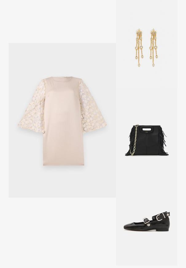 Beżowa sukienka o prostym kroju, z przezroczystymi, haftowanymi w kwiaty rękawami w jasnej kremowej kolorystyce. Materiał jest gładki i lekki.; Czarne lakierowane baleriny z kwadratowym noskiem, z paskiem na kostkę z metalowymi elementami w kolorze srebrnym oraz płaską podeszwą. Gładka textura i minimalistyczny design.; Czarna skórzana torebka na ramię z frędzlami, złotym łańcuszkiem oraz wyciętym uchwytem. Posiada umieszczone na przodzie logo.; Złote kolczyki z wieloma kaskadowymi łańcuszkami, z przezroczystymi owalnymi akcentami z rhinestone'ów oraz ozdobnymi sztyftami.