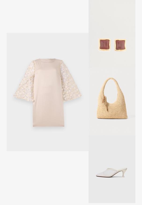 Bežs kleita ar taisnu siluetu, ar plānām ziedu izšūtām piedurknēm gaisīgā krēmkrāsā. Materiāls ir gluds un viegls.; Baltas austs punka purngals mūlis ar šauru vidēji augstu papēdi un uzvelkamu dizainu uz vienkārša fona.; Auduma bēšs rokassomu ar izliekto rociņu, strukturētu virsmu un brūna pušķa detaļu. Iespējama vaļīga, hobo forma.; Kvadrātveida stud auskari ar dziļu burgundijas centru, ko ieskauj zeltainas teksturētas malas. Gluda virsma ar noapaļotām malām.