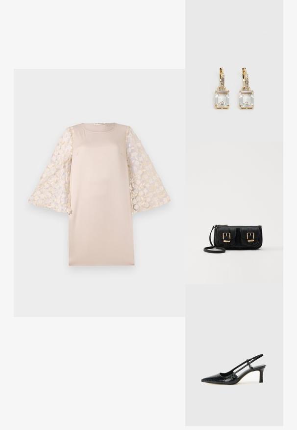Bežs kleita ar taisnu siluetu, ar plānām ziedu izšūtām piedurknēm gaisīgā krēmkrāsā. Materiāls ir gluds un viegls.; Melna patent āda ar slīdošo papēdi un smailo purngalu, ar teksturētu čūsku drukājumu, regulējamu siksniņu un īsu teksturētu blokpapēdi.; Melnas ādas crossbody soma ar divām priekšējām kabatām, zelta sprādzēm, ar rāvējslēdzēju aizdari un šauru siksnu. Strukturēta virsma un kompakta taisnstūra forma.; Zeltītas auskaru rotas, kuru centrā ir taisnstūra formas caurspīdīgs kristāls, kas karājas zem mazu, apaļu caurspīdīgu akcentu rindas. Elegants, mūsdienīgs dizains.