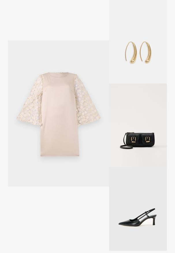Bežinė suknelė su tiesia siluetu, pasižyminti permatomomis gėlėmis dekoruotomis rankovėmis šviesiai kremine spalva. Medžiaga yra lygi ir lengva.; Juodai lakuoti slingback aukštakulniai su smailiu nosiu, su tekstūruotu gyvatės raštu, reguliuojama juosta ir trumpu, tekstūruotu blokiniu kulnu.; Juodas odinis per petį nešiojamas krepšys su dviem priekiniais kišenėmis, auksiniais sagtimis, užtrauktuko uždarymu ir siauromis petnešomis. Textūruota paviršius ir kompaktiškas stačiakampis formatas.; Auksinės metalinės auskarų kabės su lenktą, pailgą forma. Turi lygų, blizgantį paviršių ir užapvalintą galiuką papildomam akcentui.