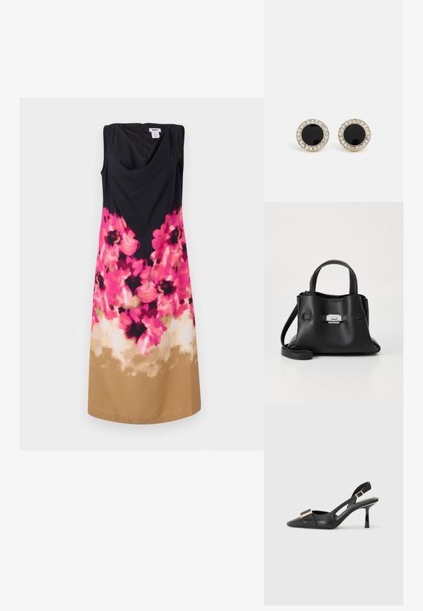 Černé bezramínkové šaty s lodičkovým výstřihem. Květinový vzor v růžové a černé barvě v oblasti pasu, přecházející do pískové jednobarevné látky na lemu.; Černá kožená slingback obuv s špičatou špičkou, štíhlým podpatkem a akcenty zlaté barvy na vředu. Hladká textura a strukturovaný design.; Černá kožená kabelka s texturovaným povrchem, vybavená dvěma horními uchy, odnímatelným ramenním popruhem a stříbrným detailem s uzávěrem.; DKNY INLAY STUD - Náušnice - black/gold-coloured