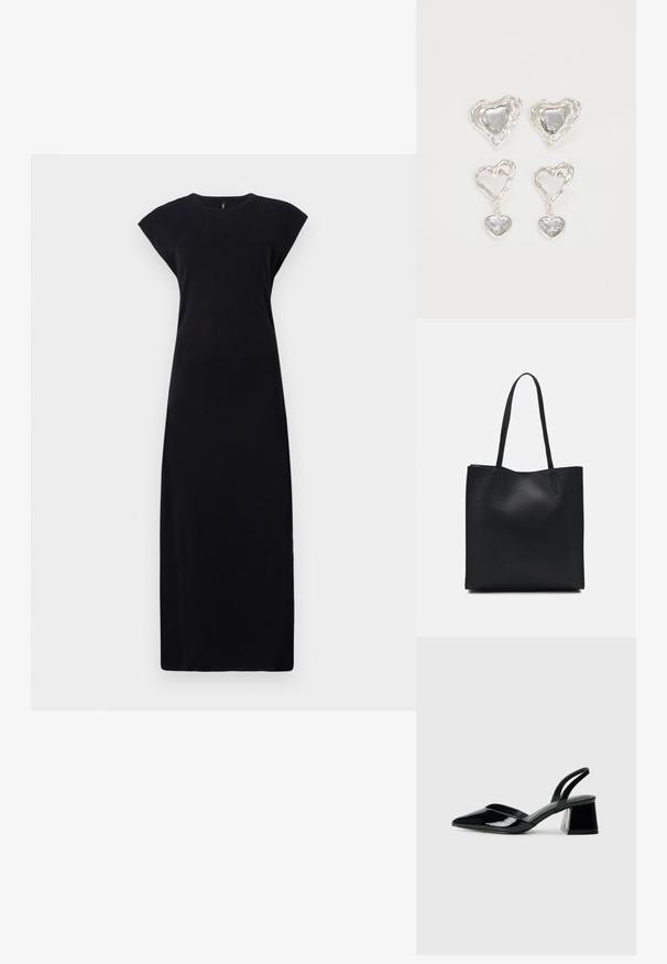 Crna maks haljina bez rukava, izrađena od glatkog materijala. Ima okrugli izrez i labav, ravni kroj. Bez vidljivih uzoraka ili ukrasa.; Crne lakirane kožne sandale s otvorenom petom i špicastim vrhom, s geometrijskom blok petom. Imaju elegantan, minimalistički dizajn i glatku teksturu.; Crna kožna torba za nošenje s glatkom teksturom, pravokutnim oblikom i dvije duge ručke. Nema vidljivih metalnih dijelova ili ukrasa.; Srebrne naušnice u obliku srca imaju fasetirane prozirne kamenčiće, s teksturiranim okvirom. Set uključuje naušnice na dugme i viseće stilove.