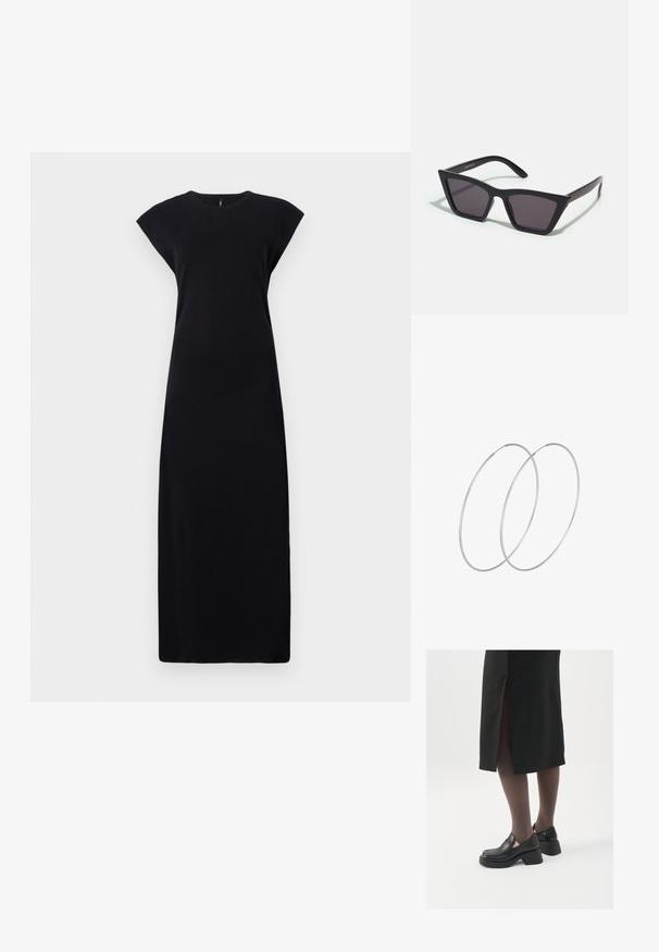 Crna maks haljina bez rukava, izrađena od glatkog materijala. Ima okrugli izrez i labav, ravni kroj. Bez vidljivih uzoraka ili ukrasa.; Crne kožne cipele s zaobljenim vrhom, debelim blok petama i elastičnim bočnim detaljima, uparene s tamnim čarapama i crnom suknjom s prorezom.; Crne, uglaste sunčane naočale sa sivoj lećama; izrađene od plastike, imaju debele nogice s glatkom površinom i bez vidljivih metalnih dijelova.; Srebrne okrugle naušnice s minimalističkim dizajnom. Kružni oblik, glatka tekstura i tanak profil. Lagane s poliranim završetkom.
