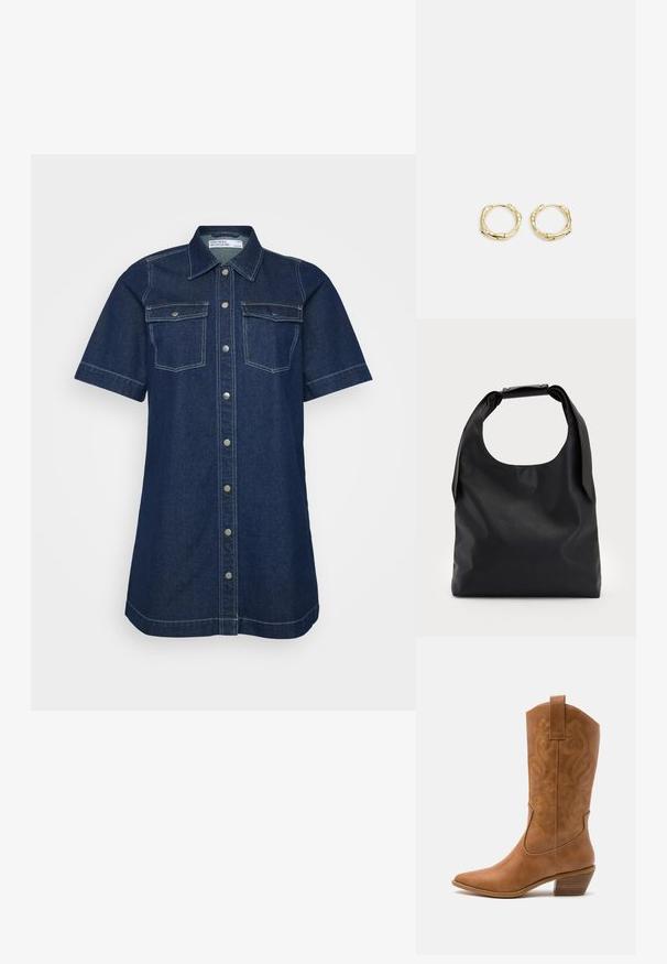 Tumesinis sinelis teksapakk, lühikeste varrukatega, kahe rinna-taskuga, nööpärkliga ja kontrastsete õmblusdetailidega.; Kohvitooni nahast cowboy-kork, millel on terav varvas, tikitud keerised varrel ja virnastatud ploki konts. Omab tõmbeava, et seda oleks lihtne jalga panna.; Mustast nahast käekott, millel on suur avatud ülaosa ja üks õlavarras. Pehme tekstuur, minimalistlik disain, peened metalldetailid.; Kuldsete rõngaskõrvarõngaste tekstuuriga, ebakorrapärane kuju. Omab sujuvat lukustust ja poleeritud pinnatöötlust, rõhutades kaasaegset disaini.