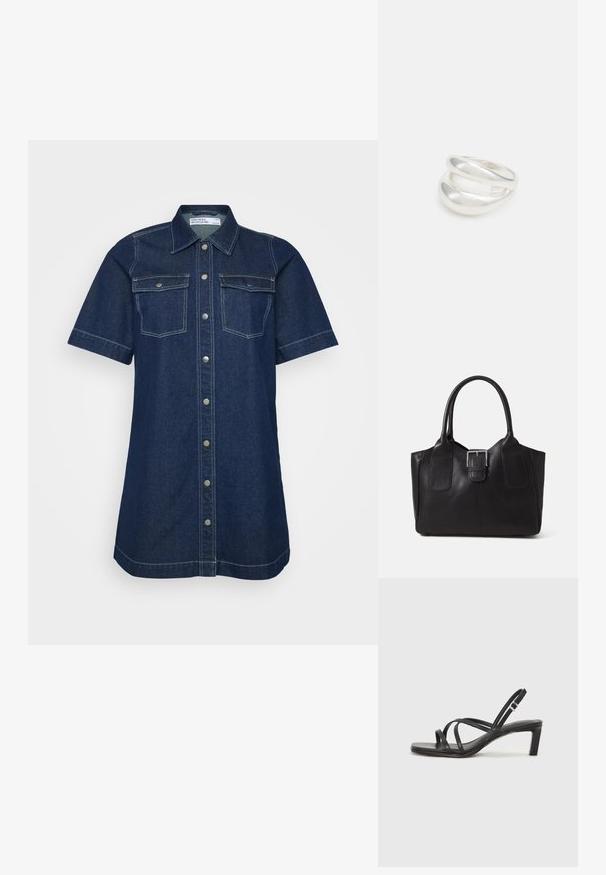 Sukienka koszulowa z denimu w ciemnoniebieskim kolorze, z krótkimi rękawami, dwoma kieszeniami na piersi, zapięciem na guziki oraz kontrastowymi stębnowaniami.; Czarne sandały na obcasie z prostokątnym noskiem i niskim słupkowym obcasem. Posiadają wiele cienkich pasków i regulowany pasek na kostkę. Wykonane z gładkiej skóry.; Czarna skórzana torba tote o gładkiej fakturze, usztywnionym kształcie, dwóch uchwytach oraz wyraźnym srebrnym zapięciu na przodzie.; Srebrna obrączka podwójna z gładką, polerowaną powierzchnią. Posiada płynny, zakrzywiony kształt z nakładającymi się sekcjami, co nadaje nowoczesny wygląd.; Srebrna obrączka podwójna z gładką, polerowaną powierzchnią. Posiada płynny, zakrzywiony kształt z nakładającymi się sekcjami, co nadaje nowoczesny wygląd.