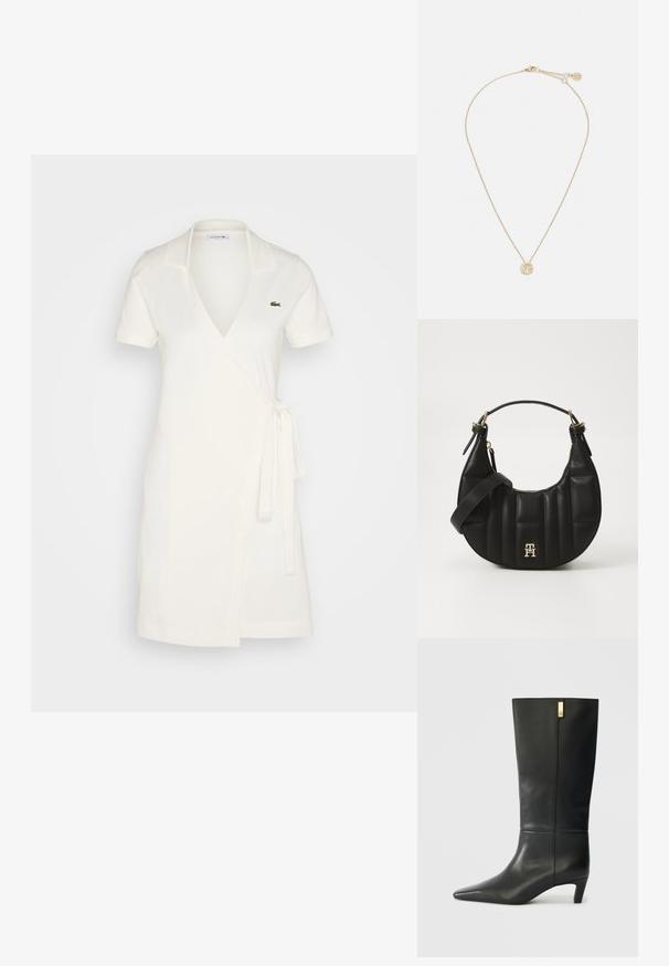Lacoste Kjole - flour; Sorte lærknæhøje støvler med spids tå og en lille hæl. Har et strømlinet design med en gylden accentdetalje. Glat tekstur.; Svart skinnhåndveske med en buet form, kviltet tekstur og gullhardware. Har en avtagbar skulderrem og logo-detaljer.; Gullkjede med en delikat lenke og en rund anheng prydet med små, innlagte edelstener som forsterker den strålende utseendet.