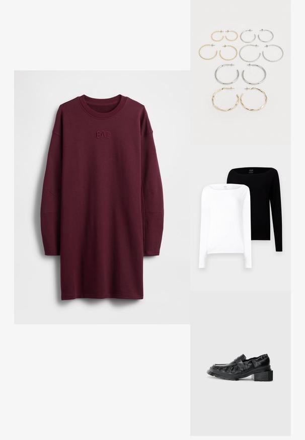 Haljina od dukserice boje tamnocrvene, dugih rukava, okruglog izreza i izvezenim logotipom "GAP" na prsima. Mekani materijal s opuštenim krojem.; Dva ženska majice s dugim rukavima. Jedna bijela i jedna crna, obje od laganog pamuka s širokim izrezom i uskim krojem.; Crne kožne mokasine sa čvrstim potplatom, s blagim blok petom i teksturiranim gornjim dijelom, učvršćenim prednjom trakicom.; Set od dvanaest naušnica u obliku obruča u srebrnim i zlatnim tonovima. Uključuje isprepletene, glatke i teksturirane dizajne s raznim veličinama i završnim obradama.