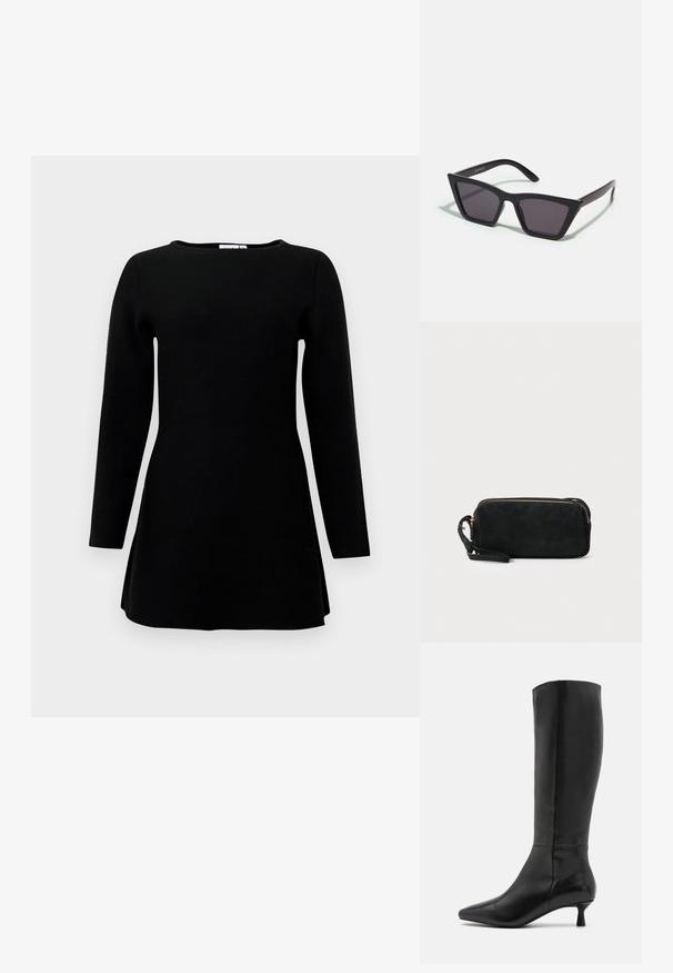 Černá tunika s dlouhým rukávem a kulatým výstřihem s mírným rozšířením na spodním okraji na bílém pozadí.; Zign Vysoká obuv - black; Černé, ostré sluneční brýle s šedými skly; vyrobené z plastu, s mohutnými rameny a hladkým povrchem bez viditelného hardwaru.; Černá semišová kabelka na ruku se zipovým uzávěrem a odnímatelným zápěstním řemínkem. Vybaveno zlatými kovovými detaily a hladkým, matným povrchem.