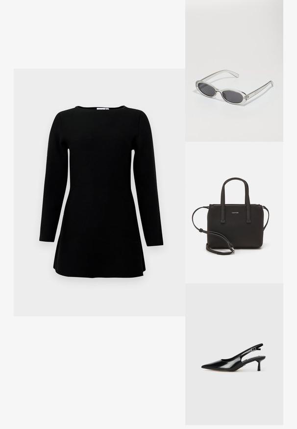 Mustermine pikkade varrukatega tunika, millel on ümmargune kaelus ja kerge laienemine allääres valgel taustal.; Must have musta nahk sanga taldadega kingad, terava ninaga, õhukese kontsaga ja reguleeritava kinnitusega. Sujuv tekstuur minimaalse kaunistusega.; Ovaalsed prillid, millel on selge plastraam, tumehallid läätsed ja õhukesed läbipaistvad sangad, kus on logode aktsendid ja minimaalne detailirohkus.; Musthave mustrans vöö ja eemaldatav õlarihm. Gludike nahk siledaga, millel on tõmblukk ja logo detail.; Kuldne sõrmus, millel on sujuv, keerdunud disain. Omab poleeritud pinda ja ümarat serva, luues sujuva ja voolava kuju.