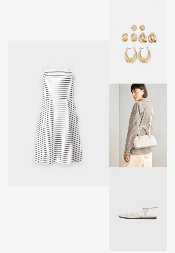 Bílé šaty s námořnickými vodorovnými pruhy, na tenká ramínka, přiléhavý korzet a rozšířená sukně. Hladká látka s ležérním designem.; Béžové ploché sandály s několika štíhlými pásky a nastavitelnou přezkou. Podešev je plochá s mírným tmavým kontrastem na okraji.; Bílá strukturovaná kabelka s krátkými uchy a ramenním popruhem, zdobená zlatými kovovými prvky a texturovaným materiálem, vystavená na šedém pozadí.; Souprava náušnic ve zlatém tónu, která obsahuje tři páry: texturované oválné náušnice, náušnice s vlnitým designem a velké kruhové náušnice s vrstvenými rýhami.