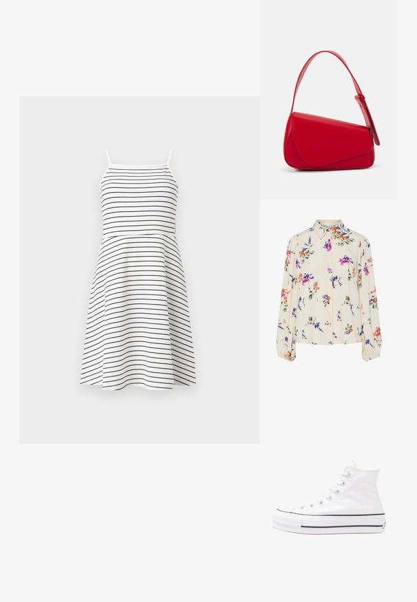 Bela obleka z mornarsko modrimi vodoravnimi črtami, ramenski trakovi, prilegajoč se korzet in razširjen krilo. Gladek material s sproščenim dizajnom.; Cvetna bluzica z dolgimi puff rokavi, svetlo smetanaste barve, s purpurnimi, oranžnimi in zelenimi cvetličnimi vzorci ter klasičnim ovratnikom.; Beli visoki platneni športni čevelj z črnim gumijastim podplatom, sprednjim gumijastim zaščitnikom za prste in šestimi luknjicami za vezalke, ki se ponaša s preprostim, minimalističnim dizajnom.; Rdeča usnjena torba z angularnim, geometrijskim dizajnom. Ima en samostoječ nastavljiv ročaj in pokrov, zaprt z zapiranjem, ki je okrašen s šivi.