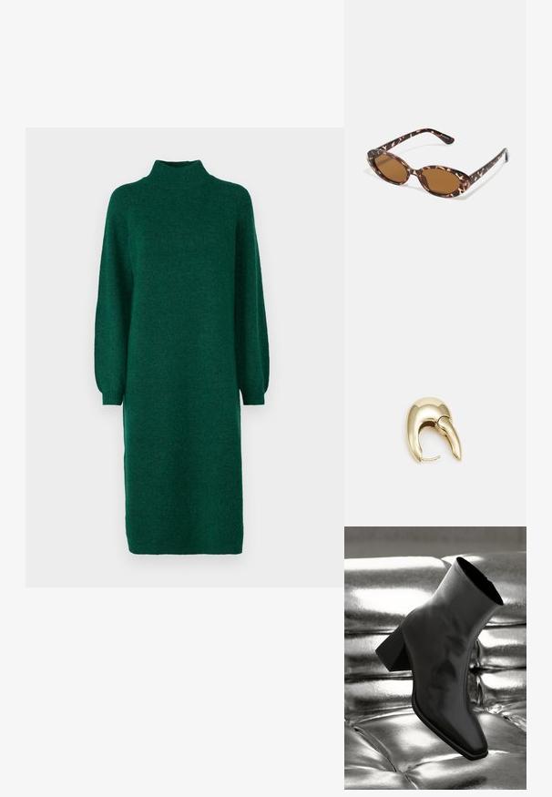 YAS YASBALIS FUNNEL DRESS - Strickkleid - fir; Schwarzer Knöchelstiefel aus glänzendem Material mit quadratischer Zehenform und verjüngtem Absatz, vor einem glänzenden silbernen gepolsterten Hintergrund.; Sonnenbrille aus Schildpatt mit ovalen Gläsern, braun getönt, dünnen Bügeln mit strukturiertem Muster, leichtem Kunststoffrahmen.; Ohrringe aus goldfarbenem Metall mit einem schlanken, geschwungenen Design. Sie verfügen über eine markante, spitze Form, eine polierte Oberfläche und einen Scharnierverschluss.