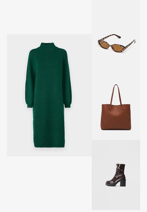 YAS YASBALIS FUNNEL DRESS - Abito in maglia - fir; Stivale alla caviglia bordeaux lucido con un tacco spesso nero, caratterizzato da una superficie liscia e un design semplice. Nessuna chiusura visibile o motivo.; Occhiali da sole in tartaruga con lenti ovali, tono marrone, bracci sottili con un motivo testurizzato, montatura in plastica leggera.; Borsa tote in pelle marrone con texture liscia, design con apertura superiore e due spallacci. Presenta cuciture minime e nessun hardware visibile.